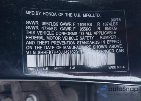 2018 Honda Civic Sport from USA, damaged, VIN SHHFK7H43JU421829